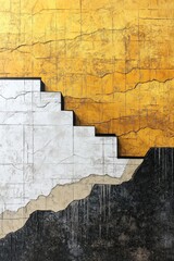 Abstract textured mural with stair-step design in yellow, white, and black colors