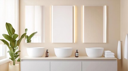 Beige minimalist bathroom with soft natural lighting, large frameless mirrors, minimalist bathroom, warm contemporary space