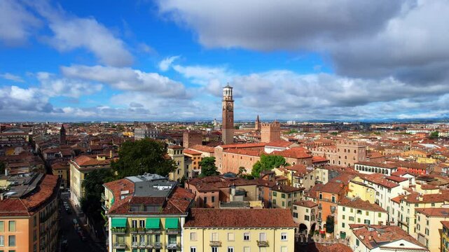 Verona - Italy - side flight aerial view along the old town with view of the Torre dei Lamberti