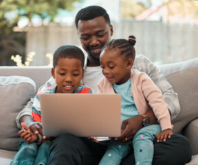 Black family, laptop and sofa for movie, video or online streaming on internet in home living room together. Father, computer and children with web, app or cartoons for happy smile in home lounge