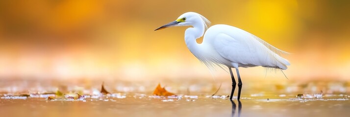  A white bird atop a body of water against a backdrop of yellow and orange hues Leaves scatter the ground below