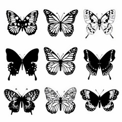 illustrations of butterflies, clipart, cute simple design, vector, coloring book design, outline, black and white, designs for brooches and pins, isolated on white stylize 50