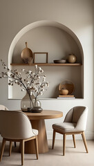 close up of a fall decor in neutral colors for a modern minimalist dining glass table, chairs, diner service, organic shapes, old halnut wood. Background wall with arch niches shelfs with a pampas vas
