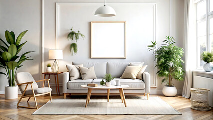 Frame mockup in Nordic living room interior background, 3d render, white Mock up frame