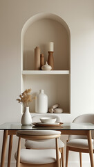 close up of a fall decor in neutral colors for a modern minimalist dining glass table, chairs, diner service, organic shapes, old halnut wood. Background wall with arch niches shelfs with a pampas vas
