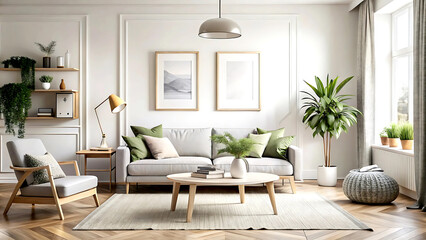 Frame mockup in Nordic living room interior background, 3d render, white Mock up frame