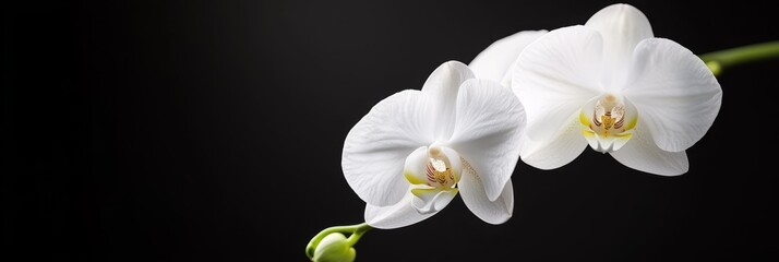  A tight shot of two white orchids against a black backdrop, featuring a green stem in the front