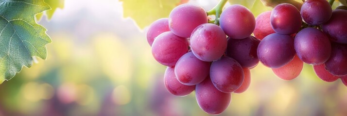  Red grapes dangle from a verdant branch against a sun-soaked backdrop, the surroundings softly blurred