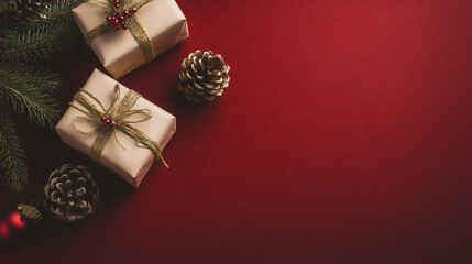 Beautiful Christmas background with gifts, pine cones, and space for festive text decoration