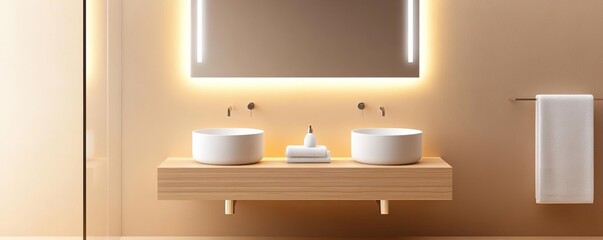 Beige minimalist bathroom with sleek lines, recessed lighting, and wooden accents, minimalist bathroom, modern elegance