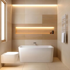 Beige minimalist bathroom with recessed lighting and frameless mirrors, minimalist bathroom, calm modern atmosphere