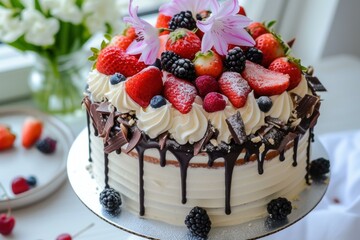 Tall Birthday cake. Party celebration. Generate Ai
