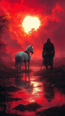 Fototapeta premium Mysterious hooded figure standing with a white horse by a river during a fiery sunset