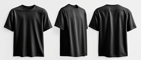 Black unisex t-shirt displayed from three angles against white background
