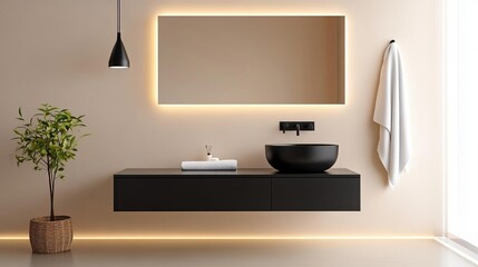 Beige minimalist bathroom with soft lighting and large mirrors, contemporary simplicity, minimalist bathroom, modern elegance