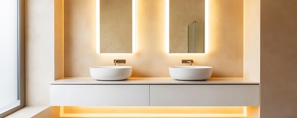 Beige minimalist bathroom with recessed lighting and frameless mirrors, minimalist bathroom, calm modern atmosphere