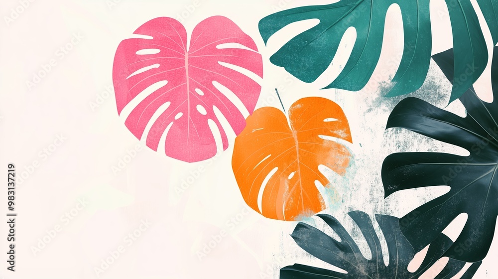 Canvas Prints Vibrant monstera leaves in pink, orange, and green against a soft pastel background in a modern decorative setting