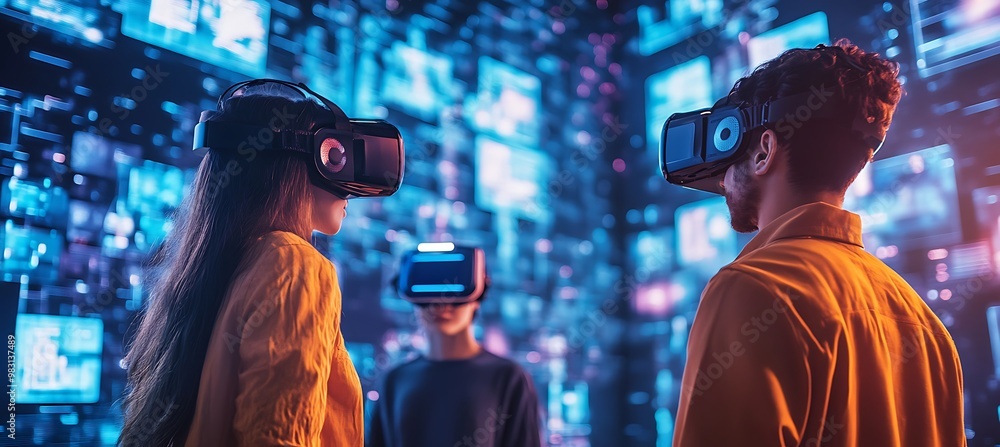 Poster a futuristic world with ai-driven education systems and virtual learning spaces
