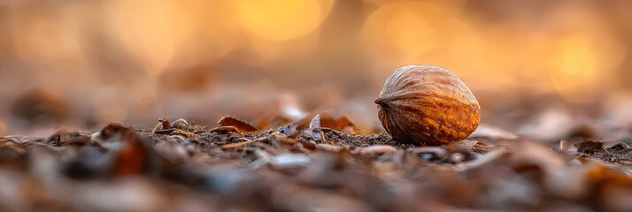  A tight shot of a morsel of food lying on the forest floor, surrounded by leaves Background subtly blurred