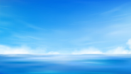 Obraz premium Sky Blue,Cloud Background,Summer clear sky over sea beach,Vector cartoon horizon beautiful dramatic bright sunlight.Banner panoramic illustration nature landscape white cloudy before sunset in winter