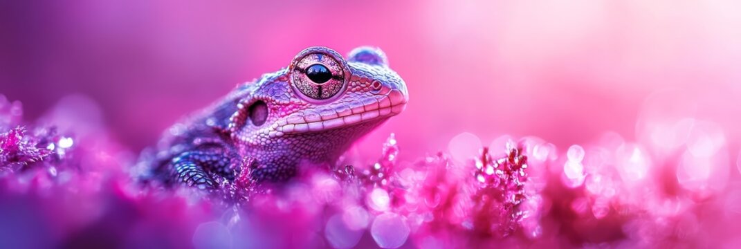  A tight shot of a lizard amidst a field of purple flowers Backdrop softly blurred in shades of pink and purple