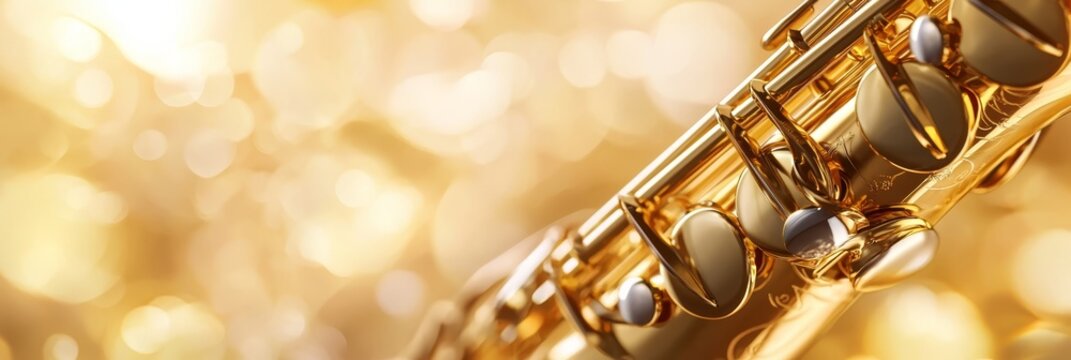  A tight shot of a flute with a gold barrel, a golden bow, and a bouquet of flowers in the background
