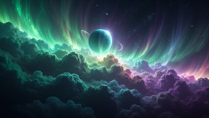 Fototapeta premium Enchanting nebula clouds in greens and purples with stars and a ringed planet in the background