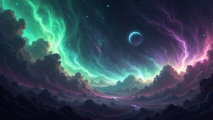 Fototapeta premium Enchanting nebula clouds in greens and purples with stars and a ringed planet in the background