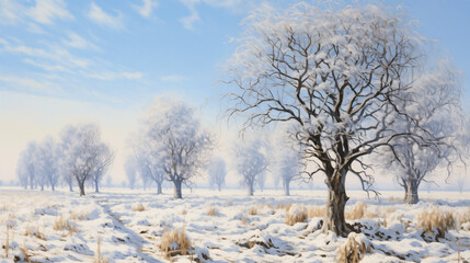 A tranquil winter landscape with snow-covered trees under a bright blue sky at midday