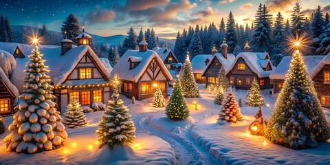 A charming snow-covered Christmas village with warmly lit cottages and beautifully decorated Christmas trees. The serene winter scene captures the magic of the holiday season in a cozy village setting