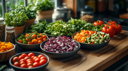 A modern kitchen flat lay with ingredients for a healthy salad, showcasing colorful vegetables 