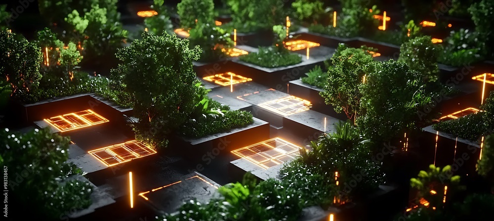 Poster a futuristic world with ai-controlled renewable energy networks and glowing digital grids