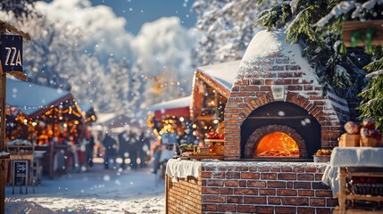 A brick pizza oven in a snow-covered outdoor market, radiating warmth and enticing aromas that draw a crowd despite the chilly air