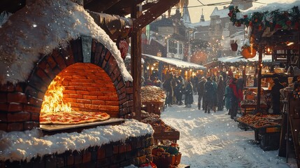 A brick pizza oven in a snow-covered outdoor market, radiating warmth and enticing aromas that draw a crowd despite the chilly air