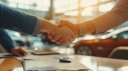 Successful Business Agreement with a Handshake in a Car Dealership