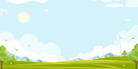 Obraz premium Environmental Background,Spring landscape green field with windmill on mountain,blue sky,cloud,Vector Rural with Solar panel wind turbines installed as renewable station energy sources for electricity