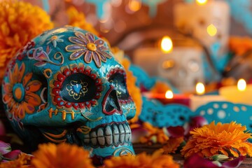 Vibrant Day of the Dead Sugar Skull with Marigolds and Candlelight for Festive Altar Decoration