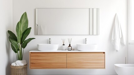 Fototapeta premium Minimalist bathroom with oversized mirror, white walls, and natural wood elements, minimalist bathroom, elegant simplicity