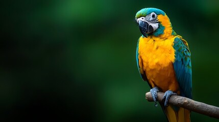 Obraz premium A parrot, colored blue and yellow, perches on a tree branch against a background of green and black