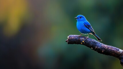 Fototapeta premium A small blue bird perches on a tree branch against a green and yellow blurred backdrop