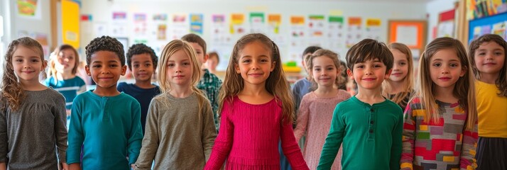 Smiling diverse group of children standing in a colorful classroom, showing diversity and inclusion. Concept of unity, teamwork, and childhood friendship.