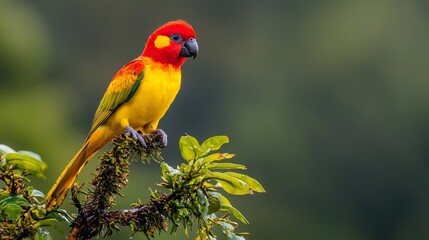  A red and yellow bird sits on a tree branch, surrounded by green foliage in the foreground The background is softly blurred