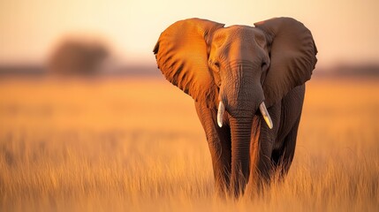 Fototapeta premium An elephant stands in a field of tall grass, sunlight glinting on its back