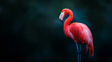  A flamingo stands in the dark with its head turned to one side