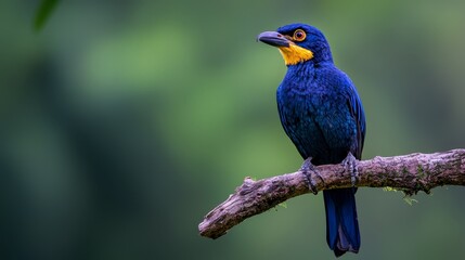 Fototapeta premium A blue bird with a yellow beak sits on a branch against a blurred backdrop of green foliage