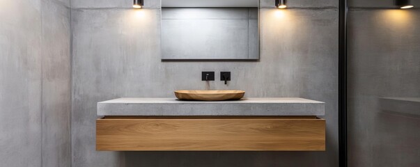 Minimalist bathroom with concrete walls, floating wood vanity, and recessed lighting, minimalist bathroom, contemporary industrial design