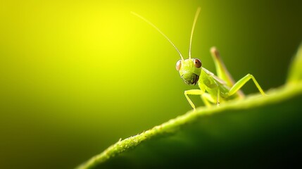 A tight shot of a green grasshopper atop a leaf against a vivid green background