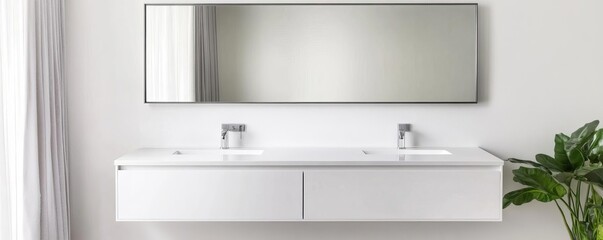 Minimalist bathroom with floating vanity, large frameless mirrors, minimalist bathroom, modern sleek design