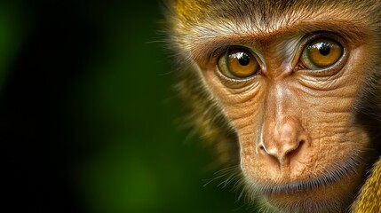 Obraz premium A monkey's face, in tight focus, expresses intense gaze Background subtly blurred