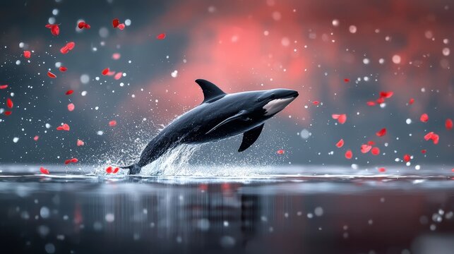  A black-and-white dolphin leaps from a red-and-black waterback, amidst flying butterflies